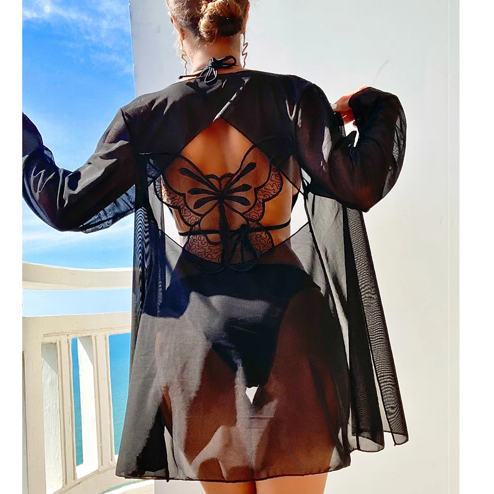 

Bikini Three Piece Swimwear Butterfly Show Back Bikini Swimwear Women's Swimwear Long Sleeve Thin
