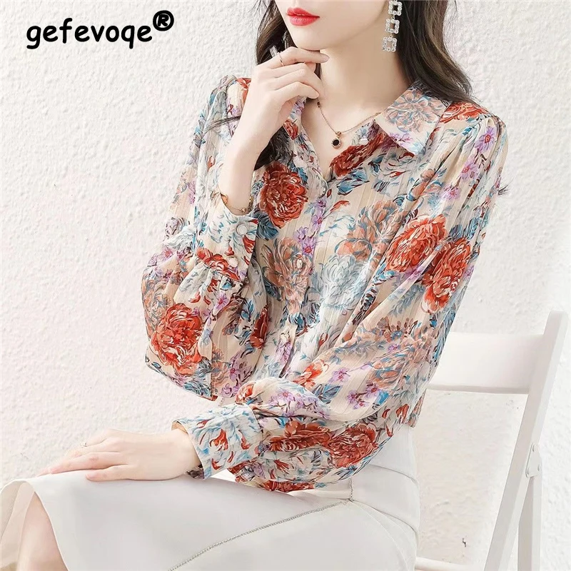 Women Vintage Floral Print Business Casual Shirts 2023 Spring Autumn Fashion Lantern Long Sleeve Chic Elegant Blouse Blusas Ropa