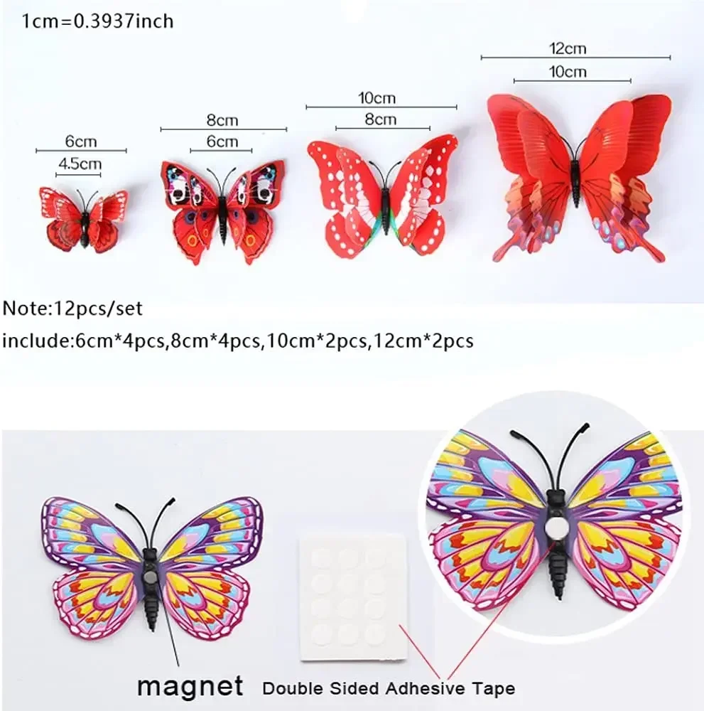 12pcs 3D 다채로운 나비 벽 스티커 DIY 아트 장식 공예 파티 보육 교실 어린이 소녀 소년 침실 거실