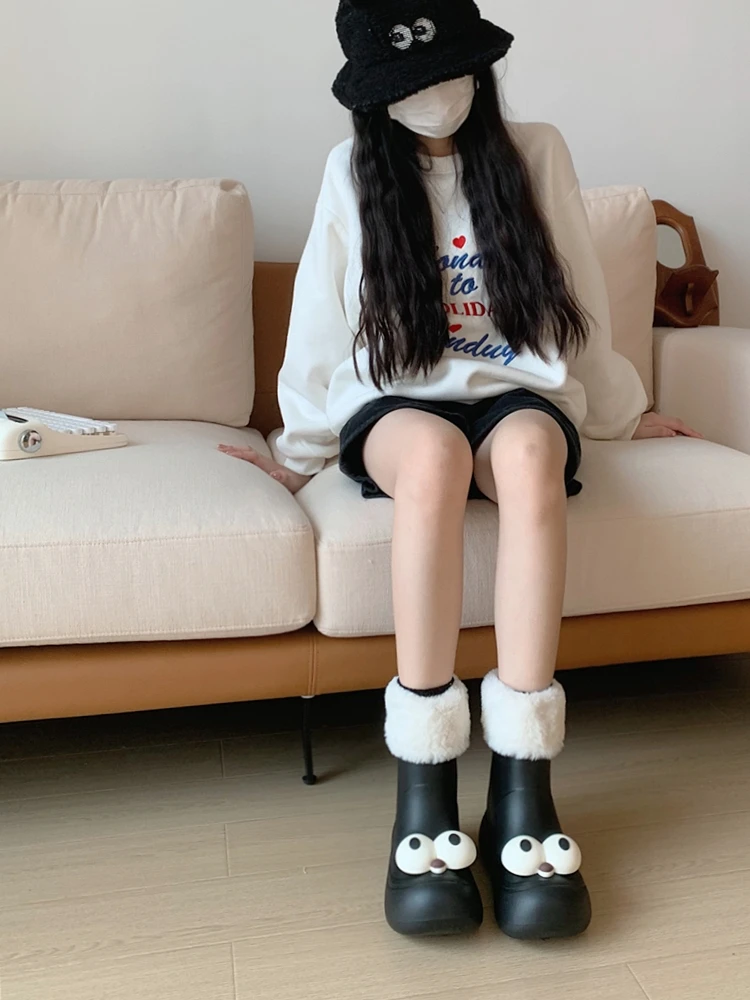 Cute Big Eyes Waterproof Anti Slip Snow Boots For Women 2023 Winter Warm And Plush Mid Length Boots