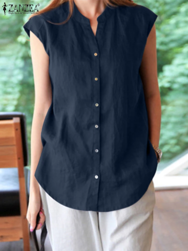 

ZANZEA Summer Fashion Work OL Shirt Women Casual Sleeveless Tanks Tops Blouse V Neck Solid Chemise Female Vintage Loose Blusas