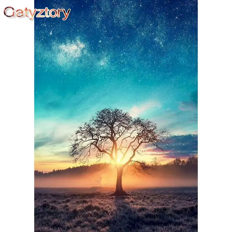 

GATYZTORY Frame Diy Oil Painting By Numbers 60*75cm Sunset Trees Scenery Picture Diy Kits Acrylic Digital Paintings By Numbers F