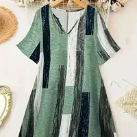 Women's plus-size casual V-neck short-sleeve dress with contrasting stripes, made of polyester knit fabric, straight cut, mid-le - Image 3