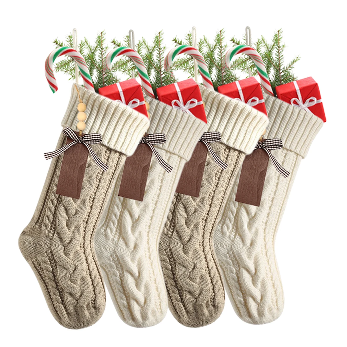 Paquete de 4 a 12 medias navideñas de 18 pulgadas de largo hechas de cable de punto, decoraciones colgantes de Navidad con etiquetas de nombre