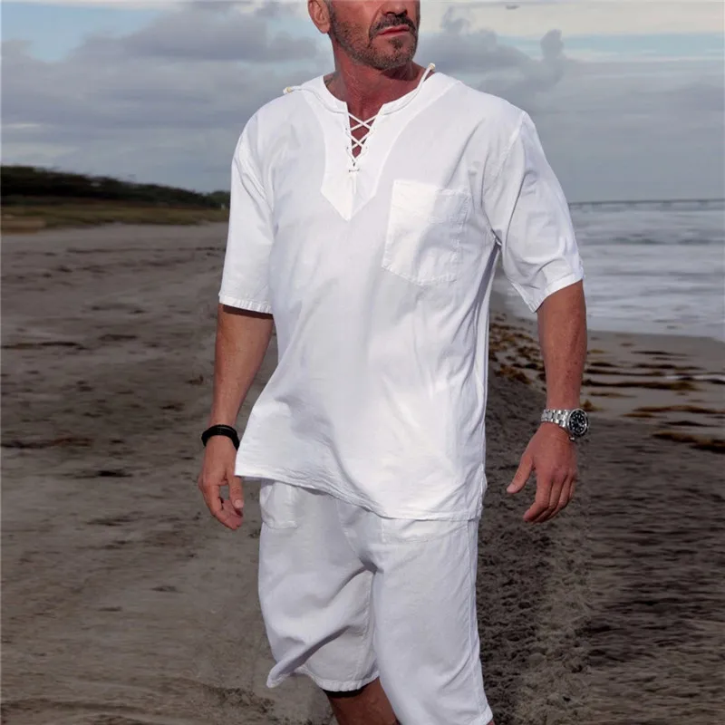 Conjunto de camiseta y pantalones cortos de verano para hombre, ropa blanca  de lino y algodón, para la playa, novedad de 2022 - AliExpress