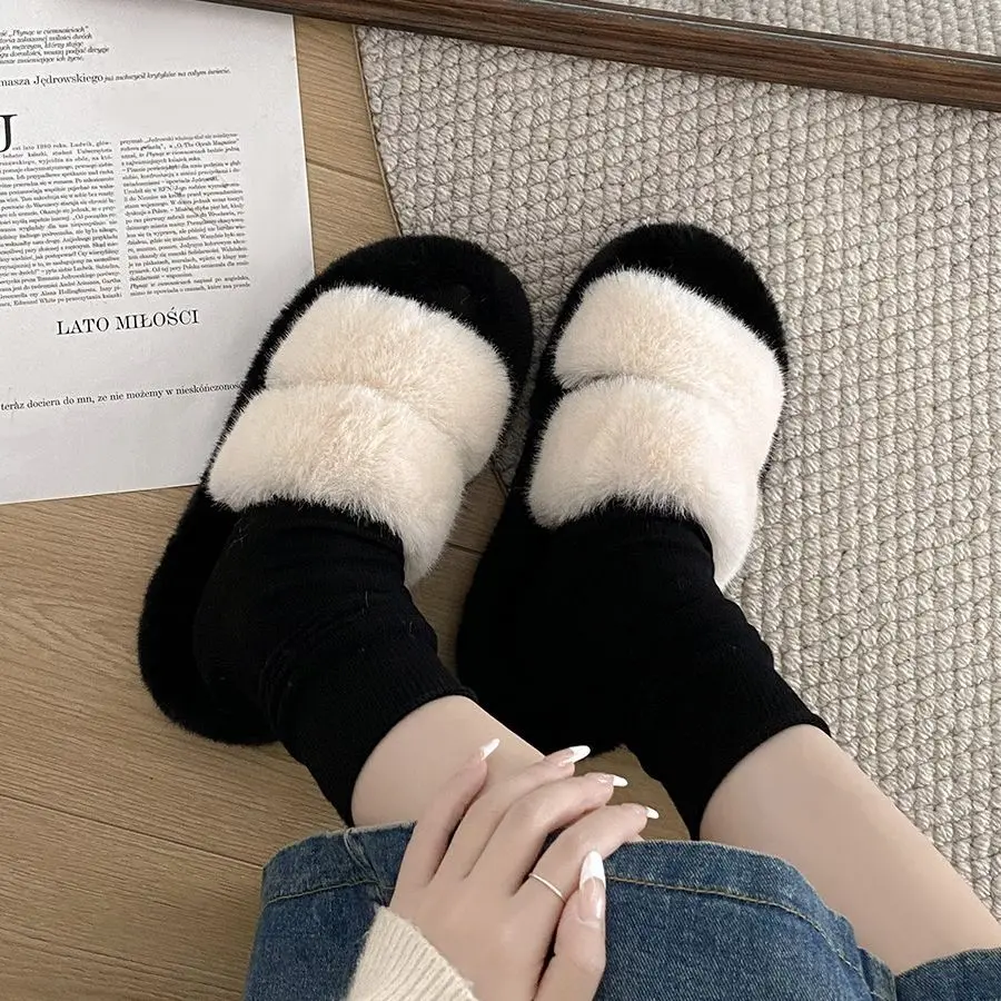 

Новинка 2023, черные пушистые тапочки, женские теплые хлопковые нескользящие тапочки на толстой подошве для осени и зимы