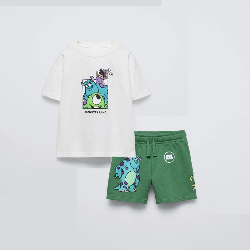Cute Monster Print Tees Green Shorts Baby Summer Clothing Trendy Simple T-shirt All-match Shorts Child Cotton Thin Outfits kids clothing set