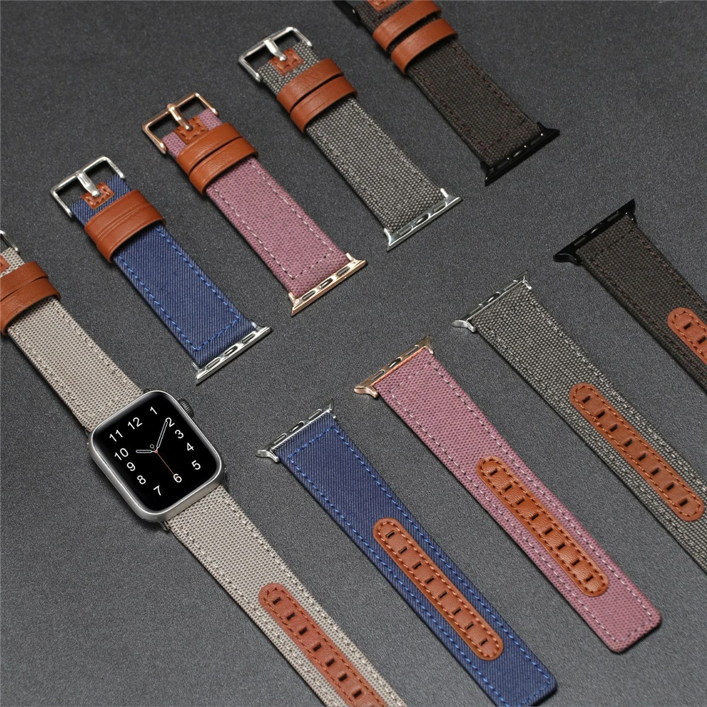 

Браслет для apple watch band series 7 se 6 5 4 45 мм 41 мм 44 мм 40 мм, нейлоновый кожаный брезентовый ремешок для iwatch 3 42 мм 38 мм