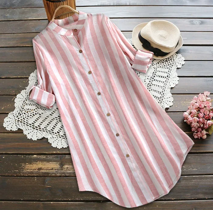 Women Striped Loose Shirt Dresses Long Sleeves Casual Turn-down Collar Shirt Plus Size 5xl Cotton Linen Shirts Blouse Female