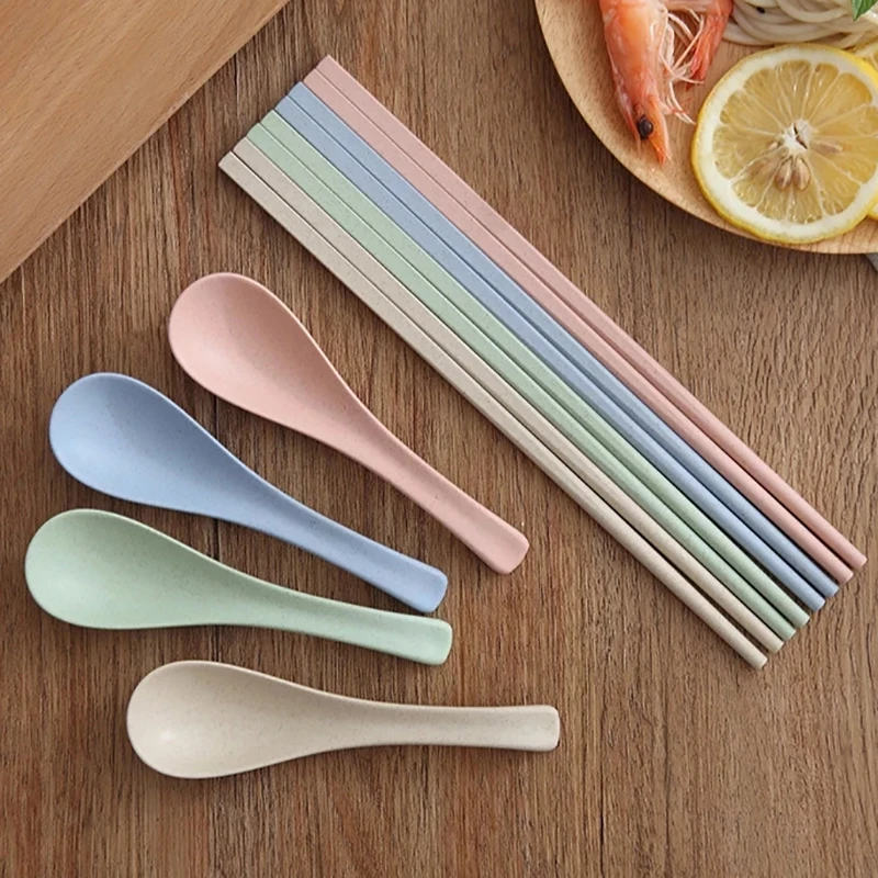 4Pcs Wheat Straw Spoon Chopsticks Reusable Safe Eco Friendly Plastic Portable Cutlery Picnic Tableware Set Dropshipping