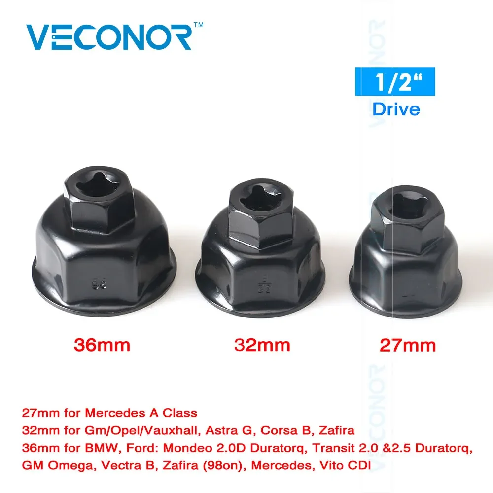 Veconor Oil Filter Wrench Cap Housing Removal Tool 6 Flutes 27MM 32MM 36MM 1/2" DRIVE