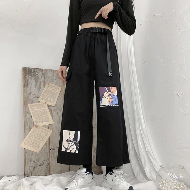  Anime Print High Waist with Belt Wide Leg Baggy Pants Women' s  Pants Korean Style Trousers Loose Pants (Color : 2, Size : S.) : Clothing,  Shoes & Jewelry