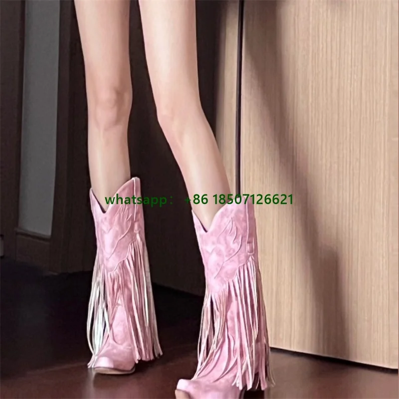 

Niche Tassel Thick Heel Knight Boots For Women New Style Retro Knee High Western Cowboy Boots