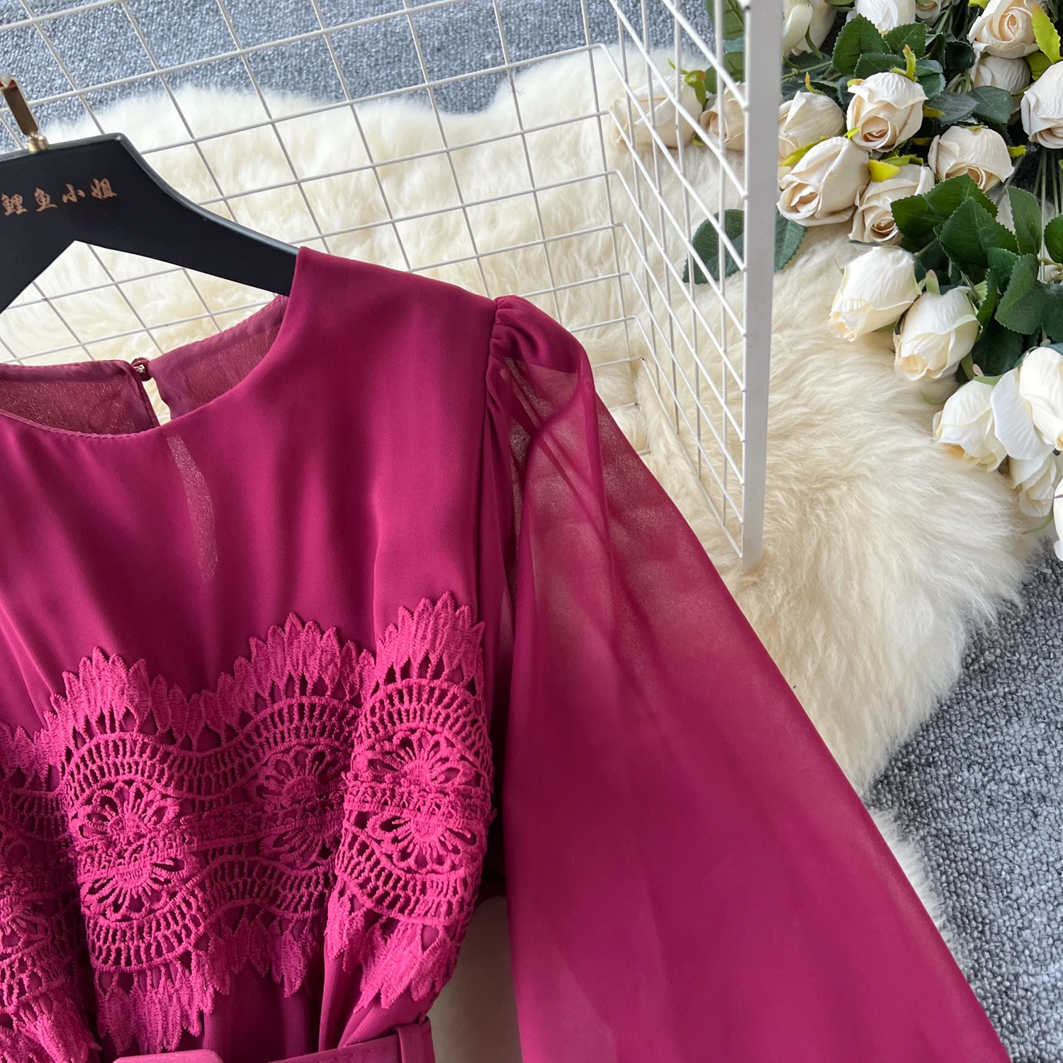 French Vintage O Neck Hollow Out Lace Patchwork Long Lantern Sleeves Korean Fashion Dresses Women's Autumn Waist Sweet Clothing
