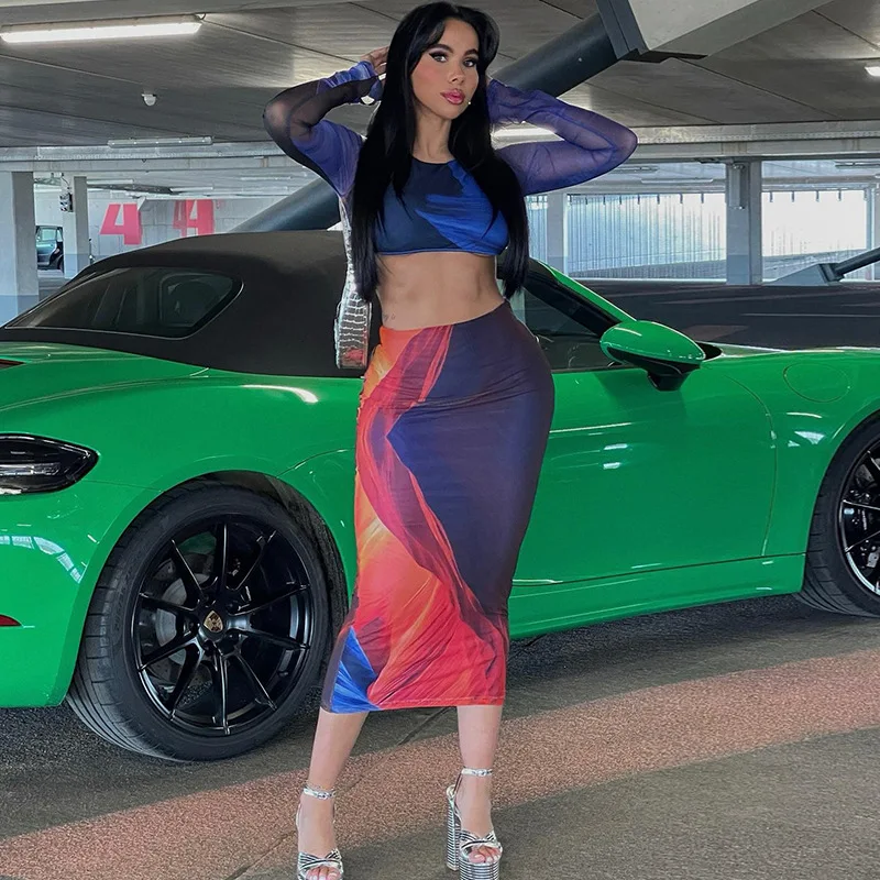 

2023 Summer Fashion Print Top Long Sleeve Off Back Lace Up Wrap Hip Half Skirt Set Dress Two Piece Set for Women