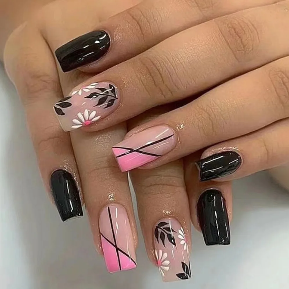 

24P Artificial Acrylic Ballet Square Glossy Nail Art Fake Nails Black Pink French Flower False Nail Removable Press On Nails Tip