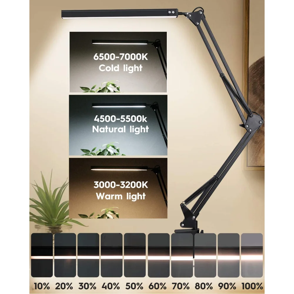 LED Desk Lamp with Clamp 10W Swing Arm Desk Lamp Eye-Caring Dimmable Desk Light with 10 Brightness Level, 3 Lighting Modes 2