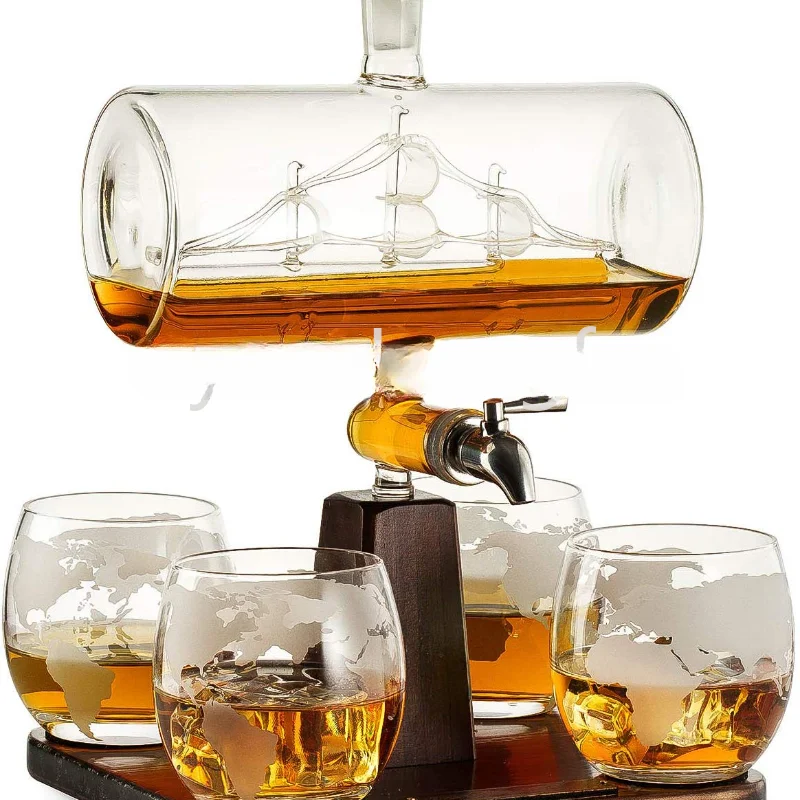 Decantador Creativo En Forma De Barco Antiguo, Decantador De Vidrio Para Whisky, Vino Tinto, 1 Soporte, 1 Decantador, 4 Tazas