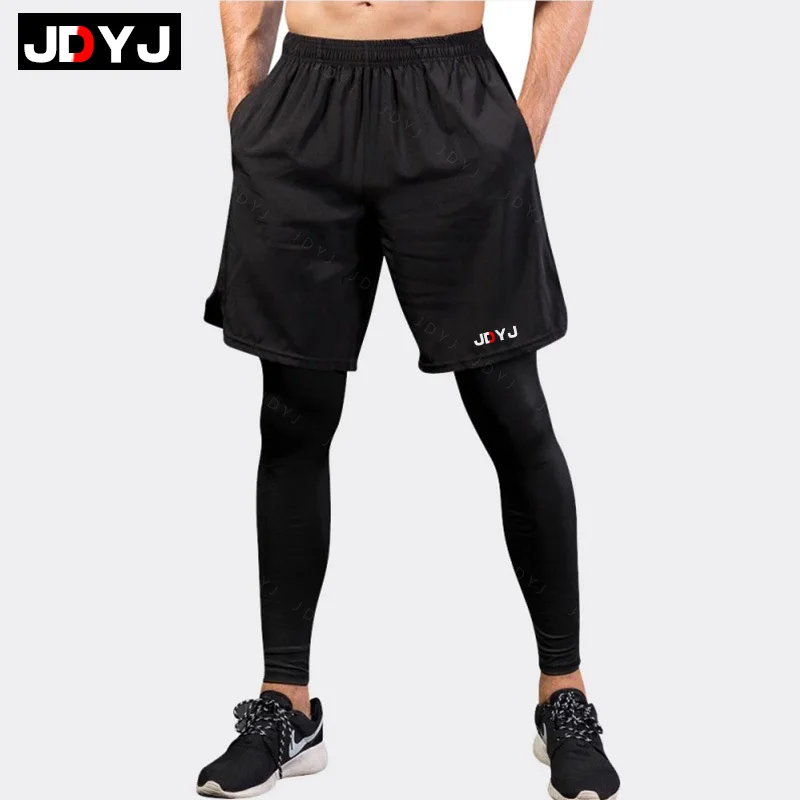 JDYJ High elasticity fake two-piece gym fitness pants, running breathable and loose fitting training, sports tight pants for men