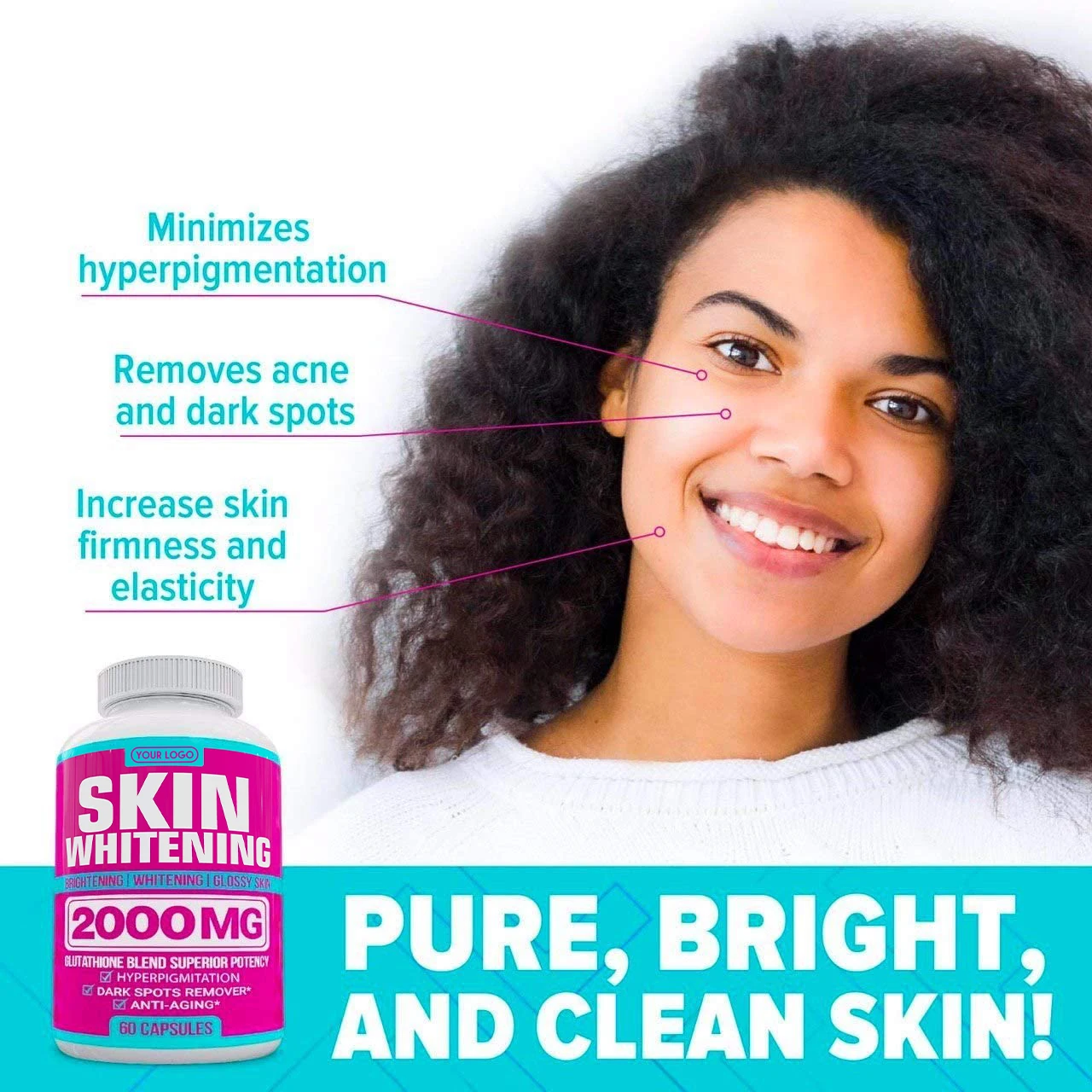 1 Bottle 60 Pills Whitening Capsules Glutathione Skin Beauty Natural