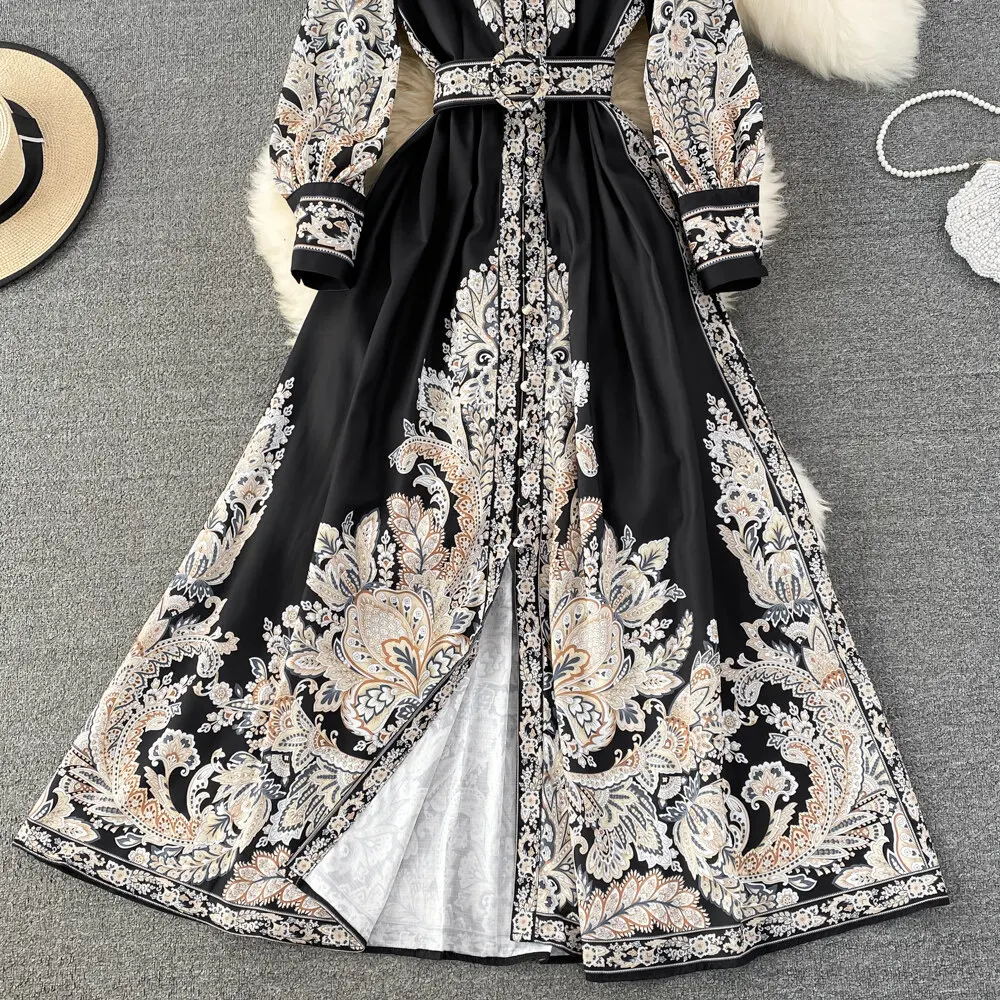 Women Vintage Long Dress Fashion Print A-line Ruffled Elegant Floral Party Dresses Ladies Long Sleeve Casual Long Robe Vestidos