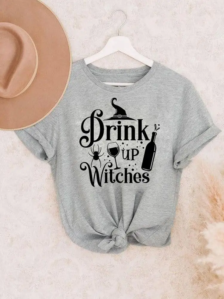 

Wine Lovely Witch Fall Halloween Thanksgiving Autumn Clothing Clothes T Female Women Print T-shirts Top Fashion Graphic Tee