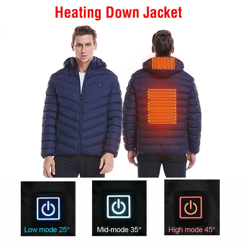 TRVLWEGO Winter Down Jacket For Men Electric Heating Warm 3rd Gear 8 Hours White Duck Down Solid Color USB Charging Hooded Coat