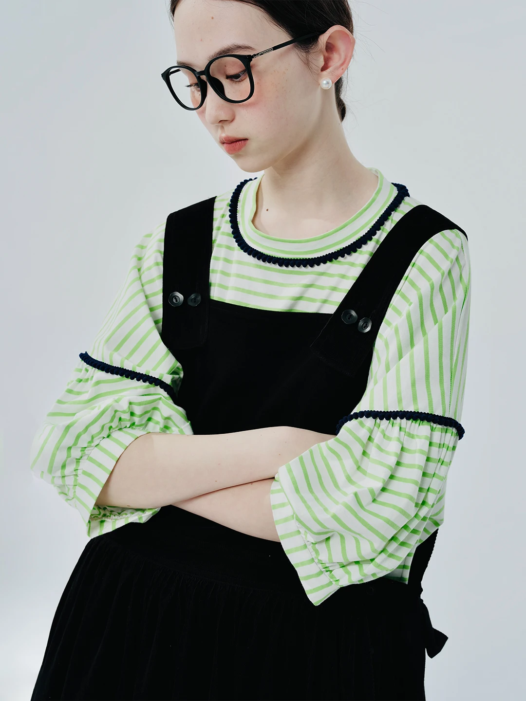 IMAKOKONI 오리지널 디자인 반팔 그린 스트라이프 풀오버, 스플라이싱 루즈한 코튼 티셔츠, 여성용 244568 