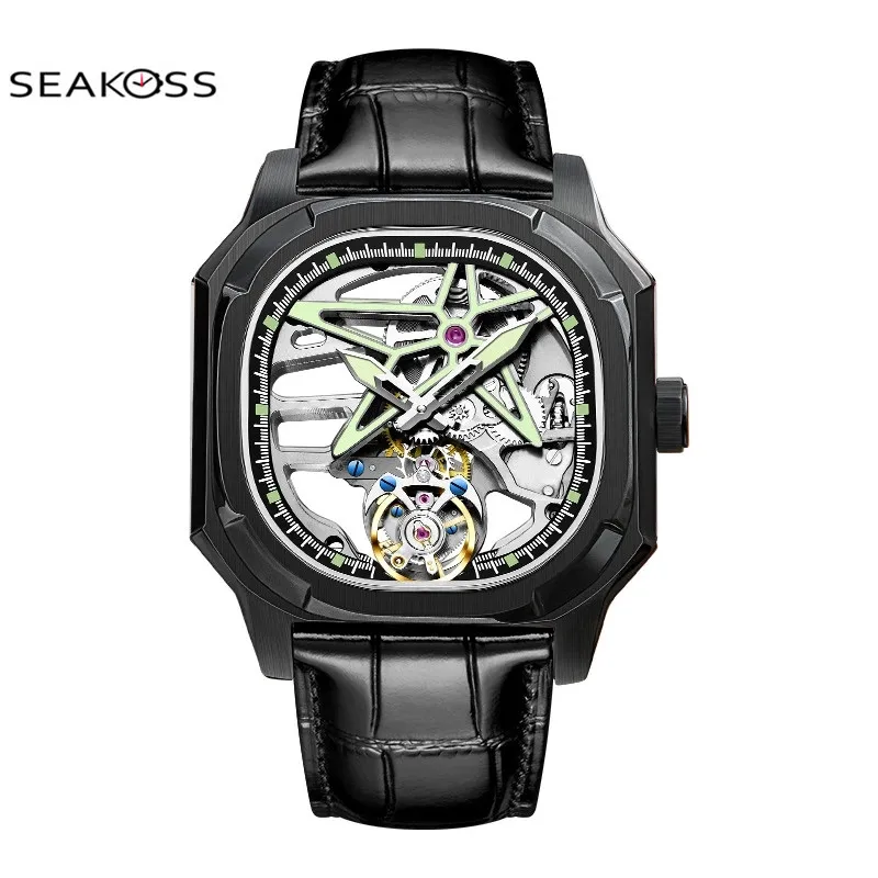 

SEAKOSS Men Tourbillon Mechanical Wristwatch Hand Wind Stainless Steel Square Watch Punk Skeleton Super Luminous Sapphire Clocks