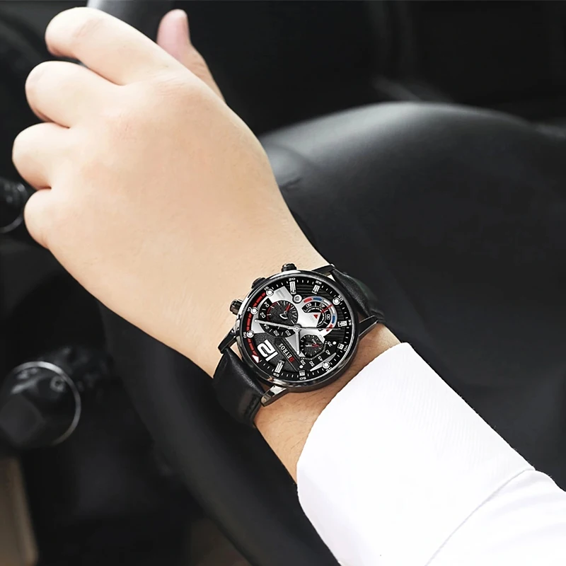 Fashion Men Leather belt Quartz Watches Round Dial Casual Calendar Bracelet Wristwatch Luminous Clock