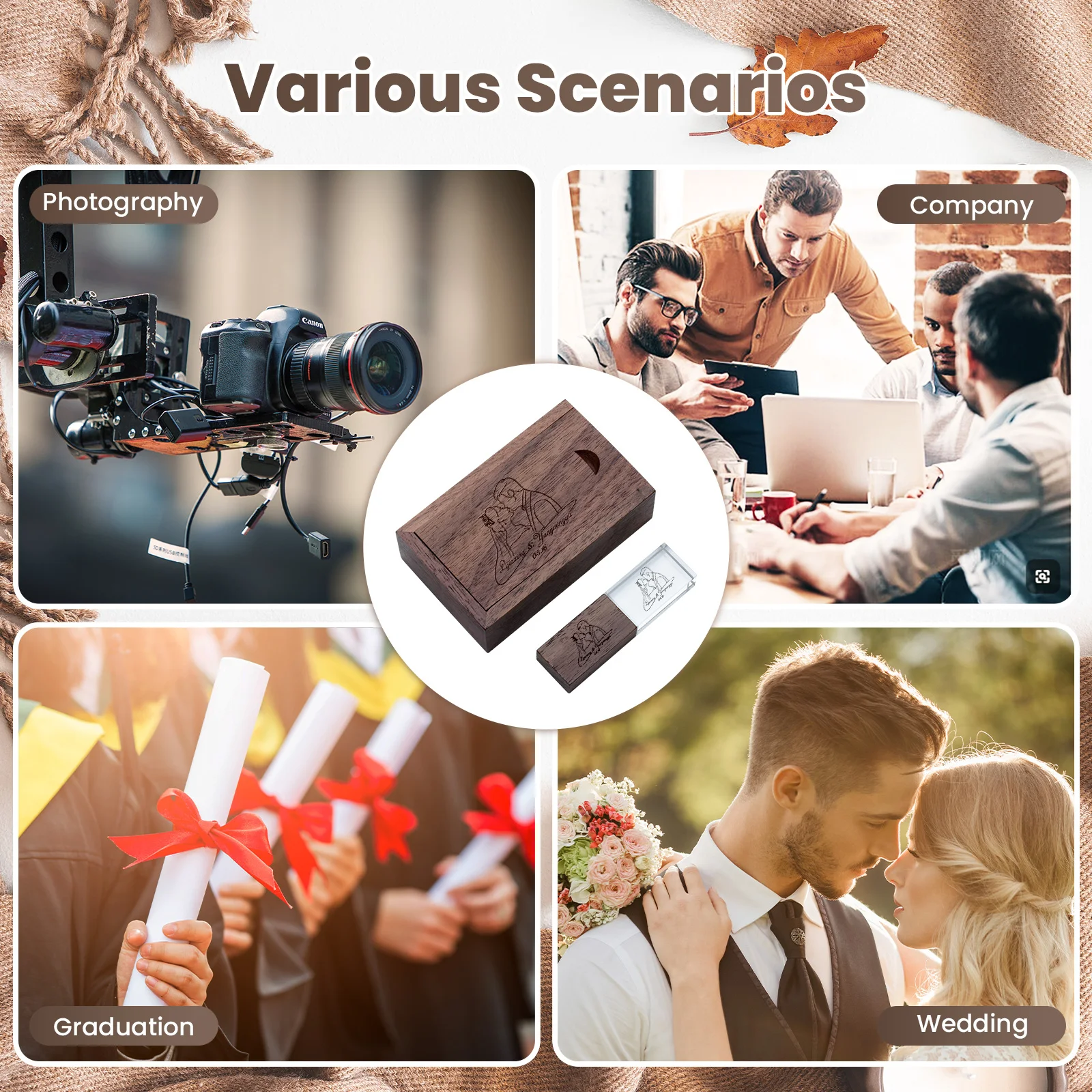 크리스탈 플러스 푸시풀 박스 메이플 USB 2.0 플래시 드라이브 8GB 16GB 32GB 64GB 128GB 무료 맞춤 로고 펜 드라이브 독창적인 비즈니스 선물