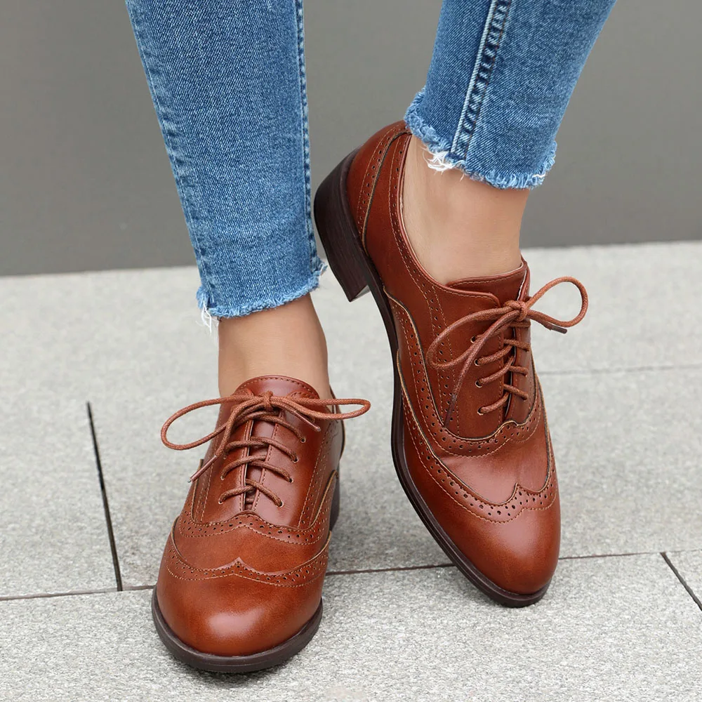 Plus Size 48 Retro Women Carved Wings Pumps Pointed Toe Lace Up Block Heels Brogue Shoes Preppy Pumps For Women 6