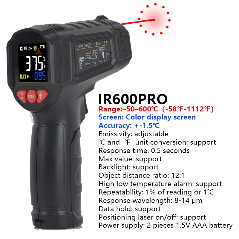 Mestek Digital Infrared Laser Temperature Meter with Non-contact Pyrometer and Hygrometer