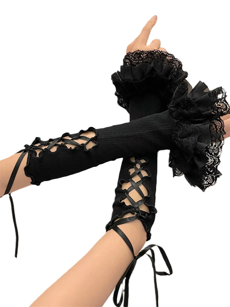 

CHRONSTYLE Women Fingerless Gloves Criss-Cross Tie-up Elbow Length Arm Warmers Sleeves Lolita Costume Accessories Party Clubwear
