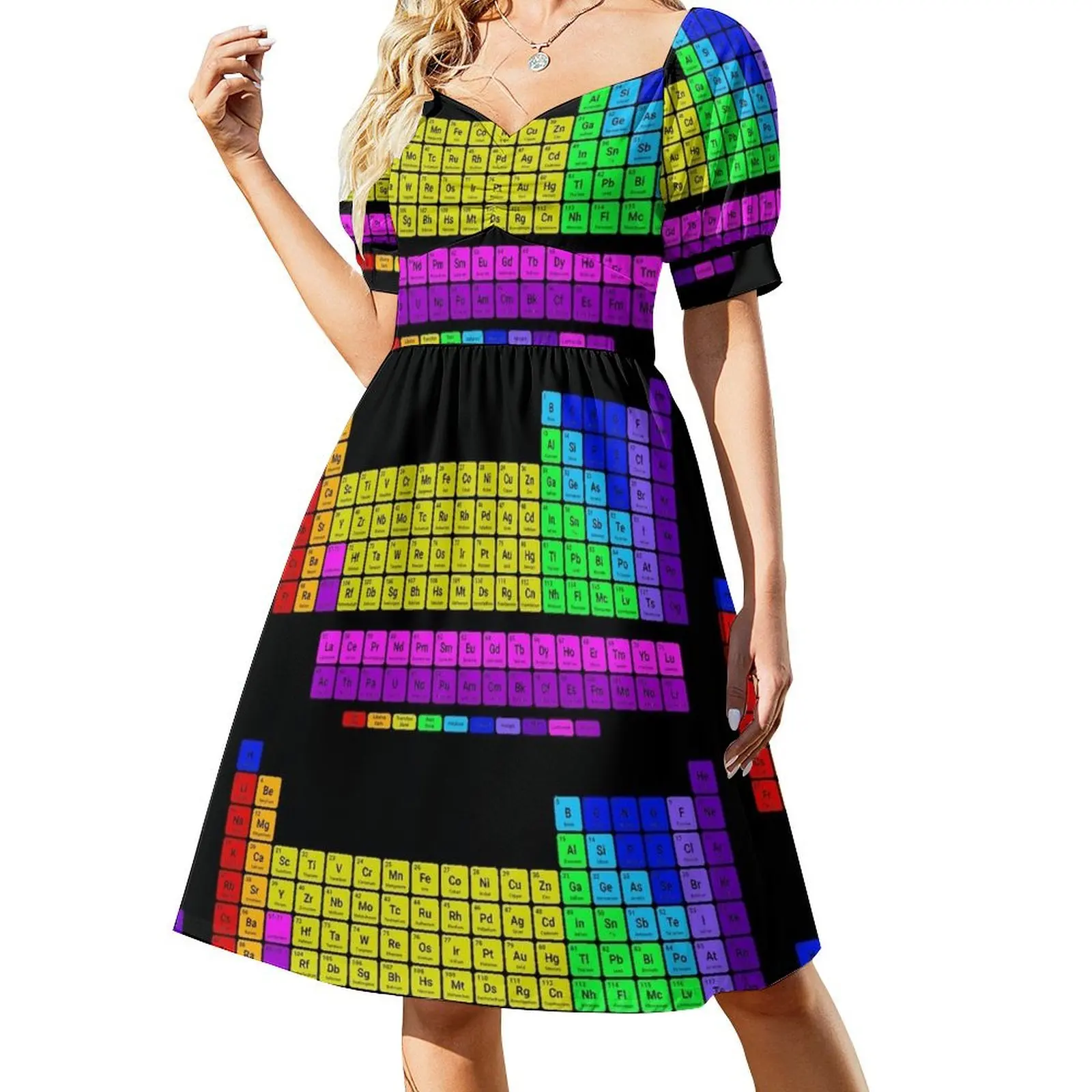 thumbnail image 1 of Vestido de manga corta con estampado de tabla periódica brillante, ropa de playa, vestido de noche para mujer, vestido largo, 1 of 7