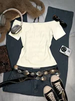 T-Shirt rétro à manches longues et épaules dénudées pour femmes, ajusté, orné d'une impression de notes musicales, à la mode, Style rétro Y2K, haute qualité 2