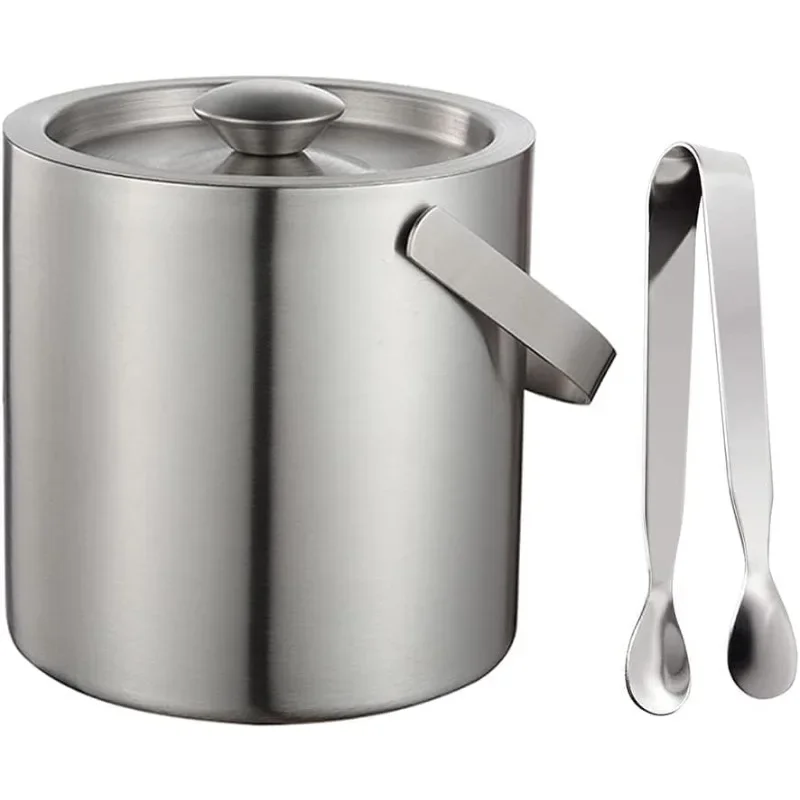 2.0L/3.0L Ice Bucket with Lid Strainer Tong Double Walled Stainless Steel Insulated Ice Bucket Container Cooler Good Sealing