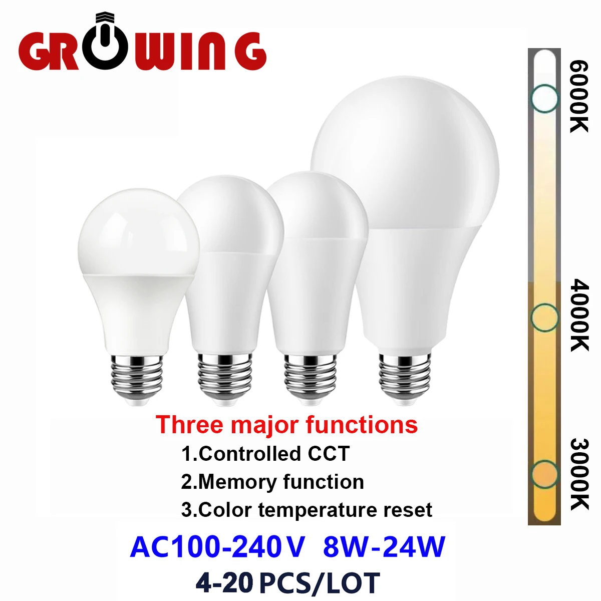 4-20PCS AC110V/AC220V Smart 3-color dimmer light  LED bulb with memory E27 B22  Light Real Power 8W-24W No strobe light lamp