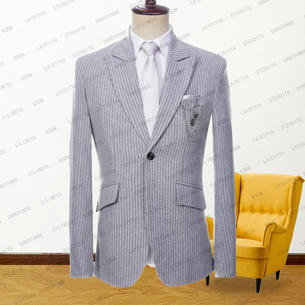 

Мужской деловой пиджак с отложным воротником, серый приталенный пиджак в полоску, Повседневная Формальная куртка, Новинка лета 2023