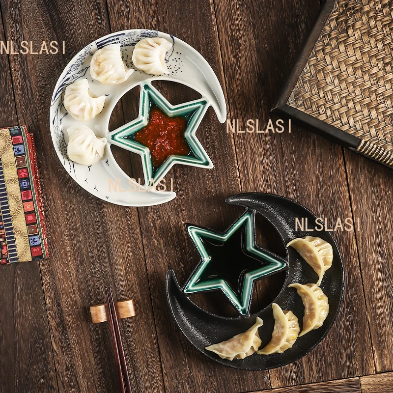 Ceramic Dumpling Dish Vinegar Dish, Star Shaped Japanese Tableware Creative Breakfast Dish Underglaze Color Craftsmanship