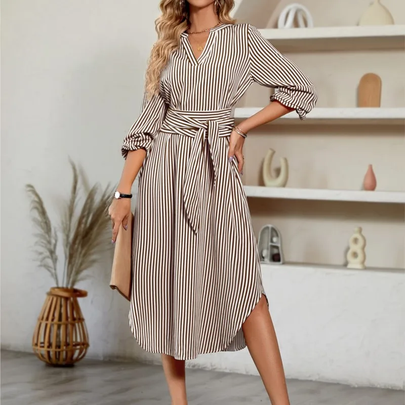 

Autumn And Winter Women's Casual V-neck Stripe Lace Waist Wrapped Shirt Dress Elegant Women's Long Sleeve Asymmetric Dresses
