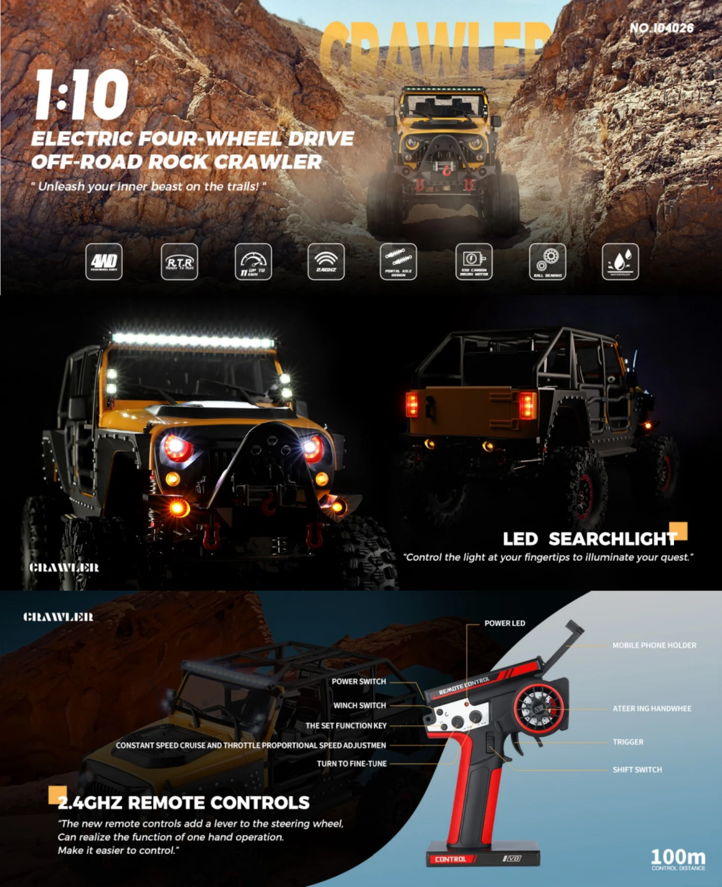 Weili Genuine New 1:10 Wltoys 104026 Rc 4wd With Electric Winch Off-Road Vehicle Wrangler Replica Model Alloy Differential Lock 4