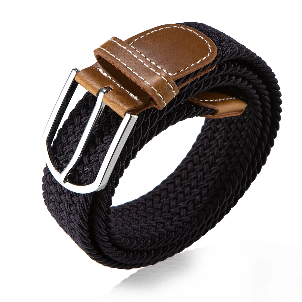 

Braided Stretch Elastic Men's Belts Pin Oval Solid Metal Buckle PU Loop End Tip Nylon Woven Belt Casual Knitted Tactical Strap