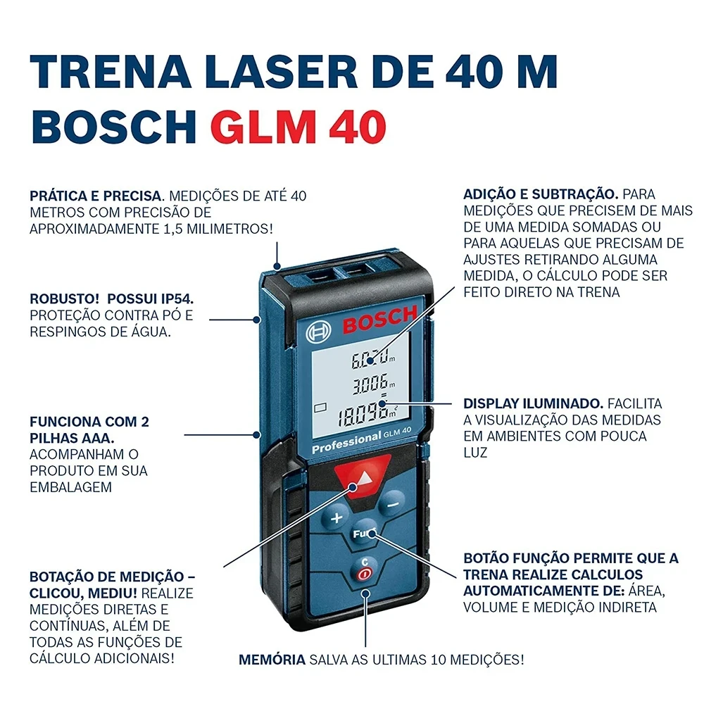 Bosch 고정밀 레이저 거리 측정기, 휴대용 레이저 측정 테이프 눈금자, GLM 40, 40 미터