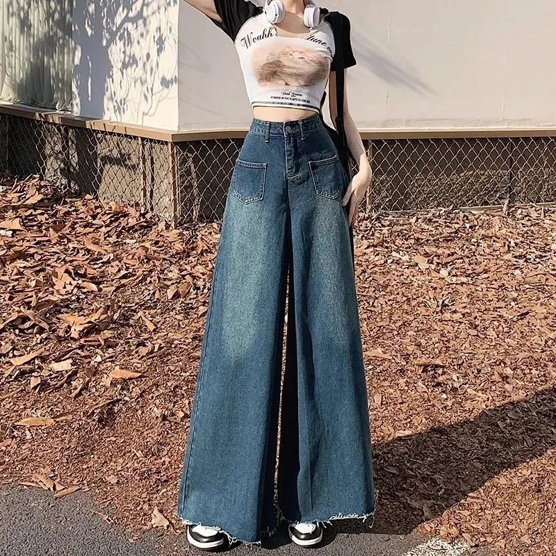 Retro Casual Jeans Skirt Women's Spring and Autumn 2023 New High Waist Slim Fit Fashion Flare Pants Wide Leg Pants