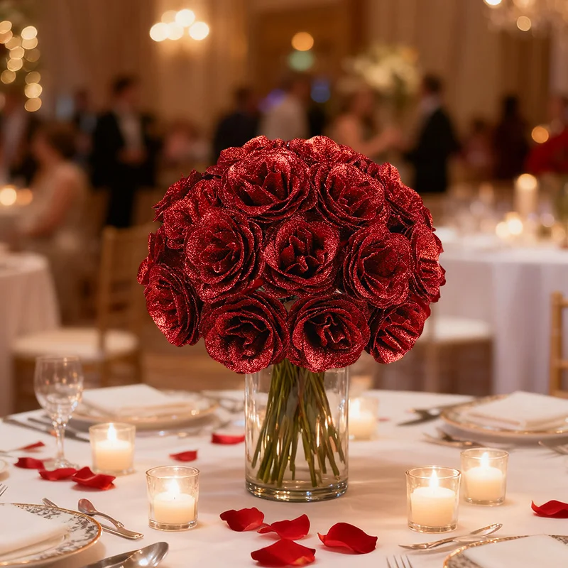 10Pcs Glitter Red Rose Artificial Flowers Bouquet for Wedding Valentine's Day Decoration Baby Shower Party Home Garden DIY Decor