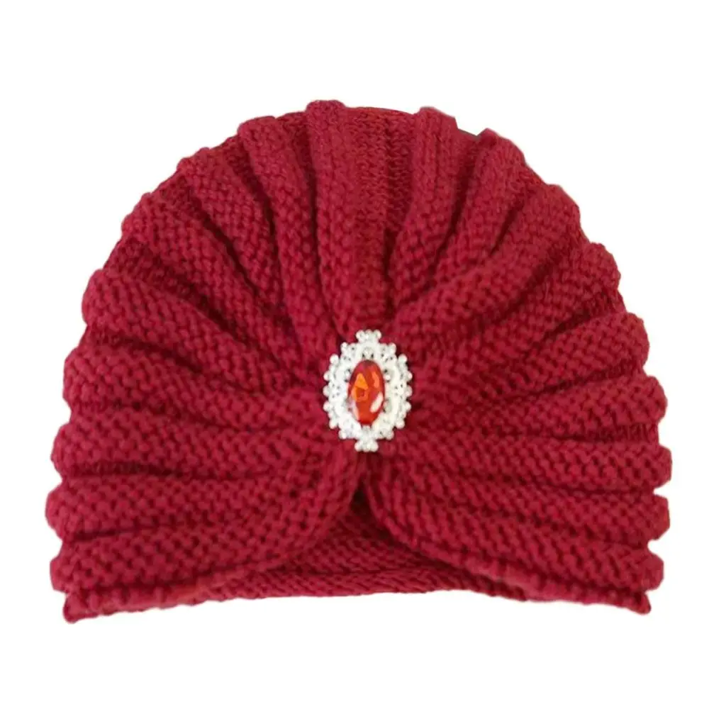 Fashion Winter Warm Hijab Caps Soft Thick Bohemia Turban Diamond Jewelry Wool Knitting Knitted Hats for Women 2