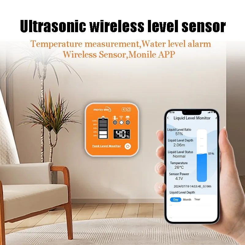 Tuya Smart WiFi Ultrasonic Liquid Level Sensor Tank Monitor LED Display Real-Tim