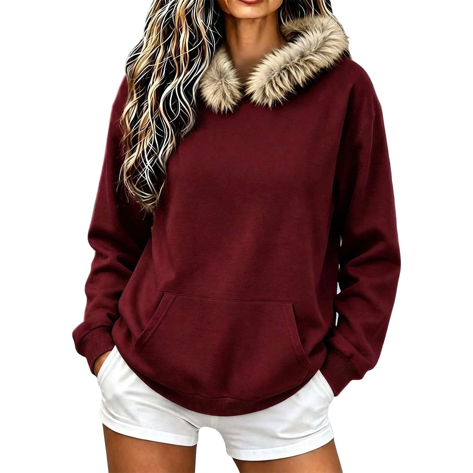 Women Fall And Winter Street Solid Color Hoodie With Pocket And Trimmed Hood Long Hoodie Tunic