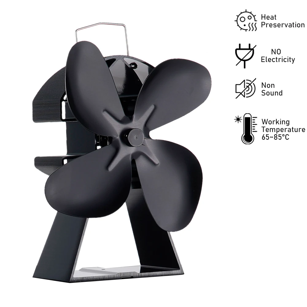 

Black Fireplace Fan With 4 Blades Heat-powered Stove Fan No Battery or Electricity Required Log Wood Burner Eco Quiet Fan Heater